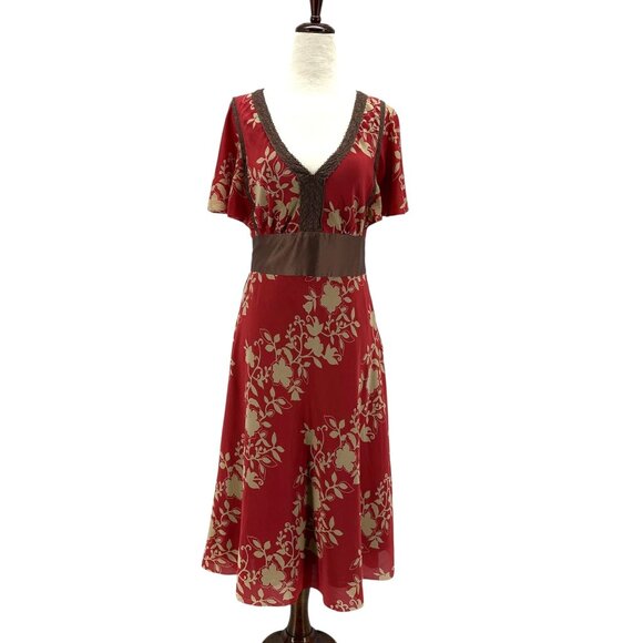 Anthroplogie Maeve Womens 6 Dress Silk Floral Flutter Sleeve Red Tan Cocktail - Picture 1 of 8